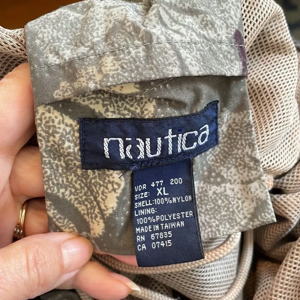 Nautica army green, cream‎ & maroon floral & leaf print nylon swim trunks